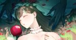  1girl apple bangs brown_hair closed_eyes commentary flower food fruit grimlight highres long_hair parted_lips petals red_flower sleeping snow_white_(grimlight) solo spark_(spark845) symbol-only_commentary veil 