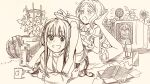  2girls bird book can cup duck electric_fan flower food fruit futari_escape kouhai_(futari_escape) long_hair looking_at_viewer lying monochrome mug multiple_girls plant potted_plant reading senpai_(futari_escape) shorts sitting sitting_on_person sketch taguchi_shouichi television watermelon 