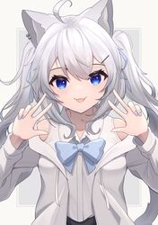  1girl :3 :d absurdres ahoge animal_ear_fluff animal_ears bangs bare_shoulders black_skirt blue_bow blue_eyes blue_nails blue_ribbon bow cat_ears cat_girl cat_tail clothing_cutout collared_shirt double_w drawstring dress_shirt ear_piercing fang grey_background grey_hair hair_between_eyes hair_ornament hair_ribbon hairclip hands_up highres hinata_(user_rjkt4745) hood hood_down hooded_jacket jacket long_hair long_sleeves looking_at_viewer nail_polish off_shoulder open_clothes open_jacket original piercing ribbon shirt shoulder_cutout skirt smile solo tail twintails two-tone_background upper_body w white_jacket white_shirt 