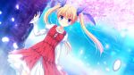  1girl bangs blonde_hair blue_bow blue_eyes blush bow closed_mouth collarbone da_capo_iv day dress dutch_angle floating_hair game_cg hair_between_eyes hair_bow layered_dress long_hair long_sleeves looking_at_viewer ocean outdoors red_dress smile solo standing sunlight tree twintails two-tone_dress very_long_hair white_dress yoshino_sakura 