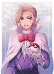  1boy blonde_hair blue_background blue_eyes border bow bowtie cape center_frills commentary eusine_(pokemon) forehead frilled_shirt frills gem gloves grin hand_up happy highres holding holding_poke_ball jacket long_sleeves looking_at_viewer maki_(letusgomaki) male_focus outside_border poke_ball poke_ball_(basic) pokemon pokemon_(game) pokemon_hgss purple_jacket red_bow red_bowtie red_gemstone shiny shiny_hair shirt short_hair smile solo standing teeth traditional_bowtie upper_body white_border white_cape white_gloves white_shirt 