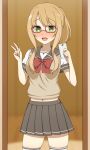  1girl alternate_hairstyle bespectacled blonde_hair blush glasses green_eyes highres holding holding_phone inubouzaki_fuu long_hair looking_at_viewer midriff navel open_mouth phone ponytail sanshuu_middle_school_uniform school_uniform skirt smile solo sweater_vest user_tmwx3385 v very_long_hair yuuki_yuuna_wa_yuusha_de_aru yuusha_de_aru zettai_ryouiki 