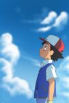  1boy ash_ketchum baseball_cap belt_buckle black_eyes black_hair buckle closed_mouth clouds commentary_request day from_side gloves green_gloves hat highres ia_(ilwmael9) jacket looking_up male_focus outdoors pants pokemon pokemon_(anime) pokemon_(classic_anime) short_hair short_sleeves sky solo 