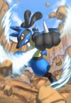  blurry clenched_teeth clouds commentary_request day highres holding ia_(ilwmael9) legs_apart looking_at_viewer lucario outdoors pokemon pokemon_(creature) red_eyes rock sky solo teeth 