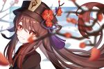  1girl absurdres bangs black_headwear blurry blurry_background brown_hair colored_tips commentary_request depth_of_field flower flower-shaped_pupils from_side genshin_impact gradient_hair grin hair_between_eyes hair_flaps hat hat_branch hat_flower hat_tassel highres hu_tao_(genshin_impact) long_hair looking_to_the_side mandarin_collar multicolored_hair plum_blossoms porkpie_hat red_eyes red_shirt shirt sidelocks smile solo symbol-shaped_pupils twintails upper_body very_long_hair xiaomuying 