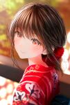  1girl bangs blurry blurry_background blush brown_hair collared_shirt hair_ornament highres light_rays looking_at_viewer looking_back ojay_tkym original print_shirt red_eyes red_shirt shadow shirt short_hair signature smile solo sunlight tree upper_body 