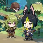  ! 1girl 2boys ahoge animal_ear_fluff animal_ears bangs black_footwear black_gloves black_hair brown_hair chibi collei_(genshin_impact) commentary copyright_name crossed_bangs earrings english_commentary flower full_body genshin_impact gloves green_hair hair_ornament highres jewelry multiple_boys official_art on_ground outdoors parted_lips pink_eyes plant shaded_face shiny shiny_hair short_hair standing tail tassel thigh-highs tighnari_(genshin_impact) vision_(genshin_impact) yellow_flower 