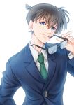  1boy absurdres bangs blue_jacket brown_hair closed_mouth collared_shirt glasses green_necktie hair_between_eyes highres holding holding_eyewear jacket kudou_shin&#039;ichi long_sleeves male_focus meitantei_conan necktie remsor076 shirt short_hair simple_background smile solo upper_body white_background white_shirt wing_collar 