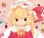  1girl :p absurdres alternate_costume blonde_hair checkerboard_cookie collared_shirt cookie flandre_scarlet food hair_between_eyes hat hat_ribbon heart highres long_sleeves looking_at_viewer medium_hair mob_cap multicolored_wings neckerchief pointy_ears red_eyes red_ribbon red_sweater ribbon shirt sleeves_past_wrists solo soru_(remonntteumai) sparkle sweater tongue tongue_out touhou upper_body v-neck white_headwear white_shirt wings yellow_neckerchief 