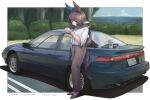  1girl admire_vega_(umamusume) animal_ears balladeluce bangs brown_eyes brown_footwear brown_hair brown_pants car character_name cup disposable_cup ear_covers ground_vehicle high_heels highres horse_ears horse_girl horse_tail long_hair motor_vehicle outdoors pants shadow shirt short_sleeves solo subaru_(brand) subaru_alcyone tail umamusume vehicle_name watch watch white_shirt 