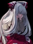  1girl artist_name baggy_pants bangs black_background bow collared_shirt commentary_request covering_face crying fujiwara_no_mokou grey_bow grey_hair grey_shirt hair_bow hands_on_own_face hands_up highres juliet_sleeves long_hair long_sleeves mokoiscat multicolored_bow ofuda ofuda_on_clothes pants puffy_long_sleeves puffy_sleeves red_bow red_pants seiza shirt simple_background sitting solo tears touhou 