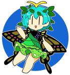  1girl antenna_hair aqua_hair barefoot blush butterfly_wings dress eternity_larva fairy full_body green_dress ini_(inunabe00) leaf leaf_on_head multicolored_clothes multicolored_dress open_mouth short_hair short_sleeves smile solo touhou wings 