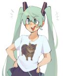  1girl bangs black_skirt bright_pupils green_eyes green_hair hands_on_hips hatsune_miku highres long_hair open_mouth pleated_skirt print_shirt shirt short_sleeves simple_background skirt smile solo swagamicchi very_long_hair vocaloid white_background white_pupils white_shirt 