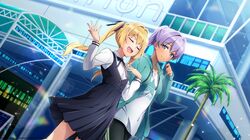  2girls black_dress black_pants black_ribbon blonde_hair blush closed_eyes collared_shirt copyright dark-skinned_female dark_skin dolphin_wave dress dutch_angle from_side game_cg green_sweater hair_ribbon highres hood hooded_sweater kazami_ellen looking_at_another multiple_girls neck_ribbon official_art open_mouth pants ponytail purple_hair ribbon shirt smile souma_hayate sweater twintails violet_eyes white_shirt 