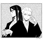  2boys alternate_costume commentary fate_(series) finger_to_face formal furrowed_brow glaring hair_slicked_back hya_(ohyaarin) kayneth_el-melloi_archibald long_hair lord_el-melloi_ii lord_el-melloi_ii_case_files male_focus monochrome multiple_boys smirk suit upper_body waver_velvet 