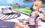 1920x1200 armband belt blonde_hair blue_eyes blue_sky bra cecilia chair cleavage clouds cloudy_sky crop_top crossed_legs_(sitting) day drink exposed_shoulders female hair_up hairbun hat holding_can laptop leaning_back looking_away midriff pangya patio planes runway short_skirt skintight sleeveless_shirt solo table transparent_shirt wallpaper