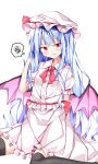  1girl alternate_hair_length alternate_hairstyle bangs bat_wings black_thighhighs blue_hair blush buttons collared_shirt hand_in_own_hair hat hat_ribbon highres long_hair looking_at_viewer mob_cap open_mouth pink_headwear pink_shirt pink_skirt red_eyes red_ribbon remilia_scarlet ribbon sabana shirt short_sleeves simple_background sitting skirt solo spoken_squiggle squiggle sweatdrop thigh-highs touhou wariza white_background wings 