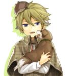  1boy 7100potechi animal bangs blonde_hair blue_eyes child dog drop_shadow hair_between_eyes happy hat holding holding_animal horns hyuse long_sleeves male_child male_focus mini_hat plaid_capelet shirt short_hair tongue tongue_out upper_body white_shirt world_trigger younger 