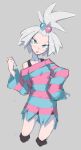  1girl :o absurdres baggy_clothes bike_shorts blue_eyes bra_strap bright_pupils cowboy_shot dress fangs forehead freckles grey_background hair_bobbles hair_ornament hair_tie hand_on_hip highres kurdlez long_sleeves looking_at_viewer open_mouth pokemon pokemon_(game) pokemon_bw2 roxie_(pokemon) sharp_teeth solo striped striped_dress teeth topknot white_hair white_pupils wide_sleeves 