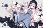  1girl black_bow black_flower black_footwear blonde_hair blue_dress bonnet boots bow commentary_request dress flower gothic hairband lolita_fashion long_hair long_sleeves myaco9 original rose solo stuffed_animal stuffed_toy teddy_bear very_long_hair violet_eyes wide_sleeves 