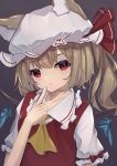  1girl absurdres animal_ear_fluff animal_ears ascot bangs brown_hair collared_shirt crystal ears_through_headwear flandre_scarlet frilled_shirt_collar frills grey_background hand_up hat highres hinata_(user_rjkt4745) kemonomimi_mode looking_at_viewer mob_cap one_side_up parted_lips puffy_short_sleeves puffy_sleeves red_eyes red_vest shirt short_sleeves simple_background solo touhou upper_body vest white_headwear white_shirt wings yellow_ascot 
