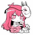  1girl bubble_skirt chibi closed_mouth flower fox_mask hair_between_eyes hata_no_kokoro kapuchii long_hair long_sleeves mask mask_on_head pink_eyes pink_hair pleated_skirt shirt simple_background skirt solo touhou white_background 