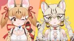  2girls animal_costume animal_ear_fluff animal_ears bow bowtie brown_hair cat_ears cat_girl geoffroy&#039;s_cat_(kemono_friends) grey_hair highres kemono_friends kemono_friends_v_project large-spotted_genet_(kemono_friends) long_hair looking_at_viewer microphone multiple_girls one_eye_closed open_mouth ribbon shirt simple_background smile twintails virtual_youtuber white_shirt yoshizaki_mine 