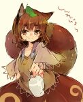  1girl :3 animal_ears bangs brown_background brown_eyes brown_hair brown_shirt brown_skirt closed_mouth futatsuiwa_mamizou glasses gourd holding leaf leaf_on_head looking_at_viewer lowres raccoon_ears raccoon_girl raccoon_tail sen1986 shirt short_hair short_sleeves simple_background sketch skirt smile tail touhou 