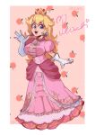 1girl absurdres blonde_hair breasts crown dress earrings gloves highres jewelry large_breasts long_dress long_hair looking_at_viewer open_mouth pink_dress pink_lips princess_peach sh1ann smile solo super_mario_bros. white_gloves