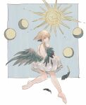  1girl back bare_shoulders black_feathers black_wings border brown_hair closed_mouth crescent_moon dress feathered_wings feathers full_moon grey_eyes head_wings highres light_brown_hair long_hair looking_back low_wings moon original paradis47 solo sun white_border white_dress wings yellow_moon 