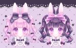  2girls :o animal_ears bangs black_bow black_hair blunt_bangs blush bow closed_mouth commentary english_commentary grey_shirt hair_bow heart heart-shaped_pupils heart_background himetsuki_luna looking_at_viewer multiple_girls original parted_lips pink_bow pink_hair pink_shirt puffy_short_sleeves puffy_sleeves rabbit_ears shirt short_sleeves signature smile sparkle symbol-shaped_pupils twintails twitter_username upper_body violet_eyes wrist_cuffs 