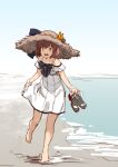  1girl barefoot beach blue_sky brown_eyes brown_hair clouds commentary_request day dress full_body hat kantai_collection official_alternate_costume open_mouth outdoors round_teeth sandals sandals_removed short_hair sky solo straw_hat sun_hat teeth translation_request unfinished upper_teeth watanore white_dress yukikaze_(kancolle) 