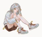  1girl animal_ears closed_mouth grey_background grey_footwear grey_hair long_hair looking_at_viewer orange_eyes original paradis47 price_tag shoes simple_background sitting sneakers solo 