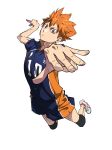  1boy arm_up brown_eyes dripping fingernails grey_footwear haikyuu!! hair_between_eyes highres hinata_shouyou jumping knee_pads looking_at_viewer male_focus orange_hair parted_lips shoes simple_background sneakers solo sweat white_background yasu_(pixiv) 