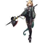  1girl arknights artist_request axe bangs black_footwear black_horns black_shirt black_skirt black_thighhighs blonde_hair bob_cut full_body green_jacket hair_ornament hairclip holding holding_polearm holding_weapon horns id_card jacket long_sleeves non-web_source official_art open_clothes open_jacket pointy_ears polearm red_eyes shirt shoelaces shoes short_hair simple_background skirt sneakers solo source_request tail thigh-highs thighs vanilla_(arknights) weapon white_background 