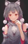  1girl absurdres animal_ear_fluff animal_ears bangs bare_shoulders closed_mouth detached_sleeves grey_background highres inubashiri_momiji looking_at_viewer martin1226-1 pom_pom_(clothes) red_eyes shirt short_hair simple_background solo touhou upper_body white_hair white_shirt white_sleeves wolf_ears wolf_girl 