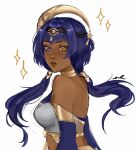  1girl blue_eyes blue_hair candace_(genshin_impact) crescent crescent_hair_ornament dark-skinned_female dark_skin genshin_impact hair_ornament heterochromia highres long_hair looking_at_viewer low_twintails parted_lips sketch solo spicvvramen twintails white_background yellow_eyes 
