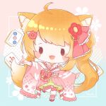  1girl animal_ear_fluff animal_ears bangs chibi commission fox_ears fox_girl fox_shadow_puppet fox_tail frilled_kimono frills hair_ornament hairclip highres indie_virtual_youtuber japanese_clothes kimono kinetsuki_noa long_hair nada_namie open_mouth orange_hair pink_footwear pink_kimono signature simple_background skeb_commission solo tail thigh-highs twintails very_long_hair virtual_youtuber white_thighhighs wide_sleeves 