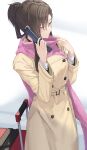  1girl absurdres bangs belt_buckle blush brown_coat brown_hair buckle cellphone closed_mouth coat commentary_request flip_phone hands_up highres holding holding_phone kazaoka_mari long_hair long_sleeves pallad phone pink_scarf red_eyes scarf simple_background solo standing suitcase white_album_2 white_background 