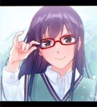  adjusting_eyewear bangs black_hair closed_mouth collared_shirt dress_shirt glasses hand_up highres kurono_(wotochia) letterboxed long_hair long_sleeves looking_at_viewer portrait purple_hair red-framed_eyewear shirt smile sparkle straight_hair sweater_vest usami_shiori w white_shirt world_trigger 