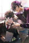  2boys amamiya_ren bangs black_hair black_sweater btmr_game closed_mouth commentary_request ear_piercing glasses green_necktie hair_between_eyes long_sleeves male_focus multiple_boys necktie opaque_glasses pants parted_lips persona persona_1 persona_5 piercing pin pink_eyes purple_sweater signature sparkle sweater toudou_naoya watch 
