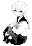  1boy bangs black_skirt braid crossdressing greyscale highres juusan_kihei_bouei_ken long_hair long_sleeves male_focus monochrome neckerchief okino_tsukasa otoko_no_ko sailor_collar school_uniform simple_background skirt solo soto twin_braids 