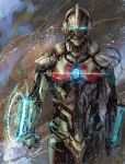  1boy clenched_hand glowing glowing_eyes looking_at_viewer male_focus nurikabe_(mictlan-tecuhtli) open_hand power_armor science_fiction solo ultra_series ultraman ultraman_(hero&#039;s_comics) ultraman_suit 
