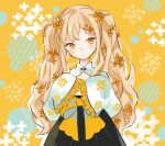  1girl bangs blonde_hair blush flower frilled_sleeves frills hair_flower hair_ornament myaco9 original osmanthus sidelocks sleeves_past_wrists solo twintails wide_sleeves yellow_eyes yellow_flower 