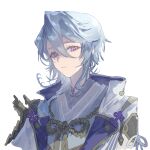  1boy aqua_hair armor bangs genshin_impact highres japanese_armor japanese_clothes kamisato_ayato looking_at_viewer male_focus mole mole_under_mouth parted_lips persimmon_(lsxh3) simple_background sketch solo tassel upper_body violet_eyes white_background 