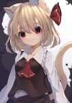  1girl absurdres animal_ear_fluff animal_ears ascot bangs black_skirt black_vest blonde_hair breasts cat_ears cat_girl cat_tail closed_mouth collarbone collared_shirt frilled_shirt_collar frills hair_between_eyes hair_ribbon highres hinata_(user_rjkt4745) kemonomimi_mode long_sleeves looking_at_viewer red_ascot red_eyes red_ribbon ribbon rumia shirt skirt skirt_set small_breasts smile solo tail touhou vest white_shirt 