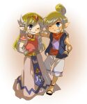 1girl artist_name belt blonde_hair blue_eyes blush dress floating_hair full_body gloves hair_bun jewelry long_dress long_hair looking_at_viewer multicolored_hair necklace parted_lips pink_dress pink_skirt princess_zelda short_hair single_hair_bun skirt tetra the_legend_of_zelda the_legend_of_zelda:_the_wind_waker tokuura toon_zelda