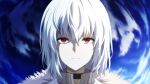  1boy accelerator_(toaru_majutsu_no_index) ahoge bangs black_choker blue_background choker closed_mouth coat commentary english_commentary fur_coat hair_between_eyes highres looking_at_viewer male_focus red_eyes serious short_hair solo straight-on toaru_majutsu_no_index upper_body user_erpr3844 white_coat white_hair 