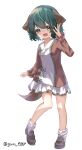  1girl absurdres animal_ears black_footwear blush dog_ears dog_tail dress fang full_body green_eyes green_hair gumi_9357 hair_between_eyes highres kasodani_kyouko long_sleeves open_mouth pink_dress shoes short_hair simple_background smile socks solo tail touhou twitter_username white_background white_socks 