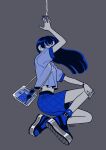  1girl arm_up bag bangs black_hair blue_footwear blue_nails blue_shirt blue_shorts cigarette earrings full_body grey_background jewelry kk724 limited_palette long_hair midriff original ring shirt shoes short_sleeves shorts shoulder_bag simple_background solo watch watch 
